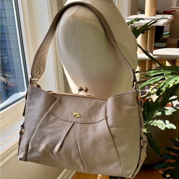 Emma Fox Handbags - Emma Fox Taupe Leather Shoulder Bag with Gold Accents